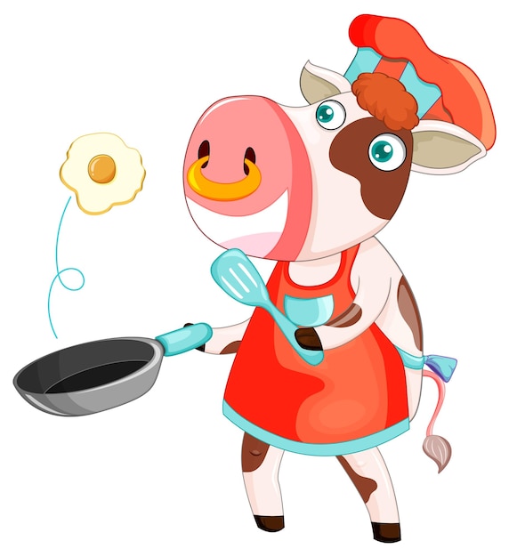 아침 식사를 요리하는 암소 만화 캐릭터