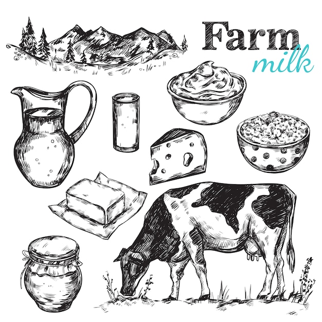 Free vector cow and nature milk sketch