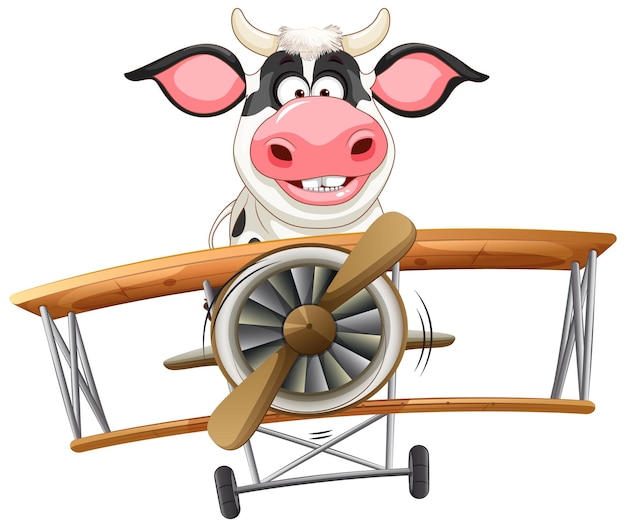 Free vector cow piloting vintage airplane illustration