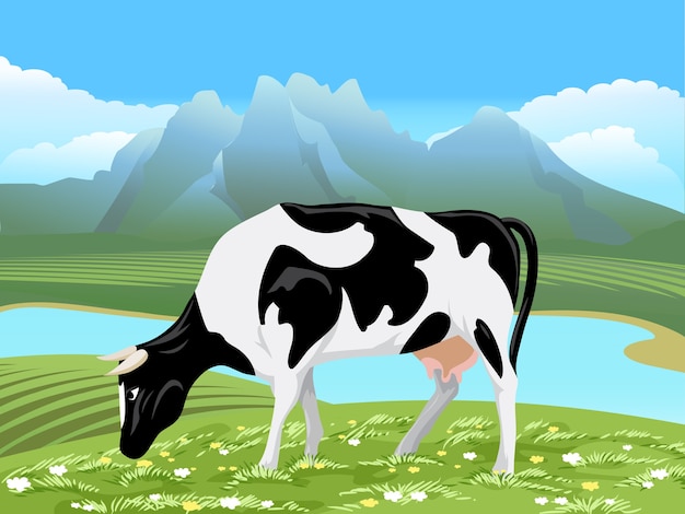 Free vector cow and rural meadow landscape. cow grazing on green field with flowers near the river