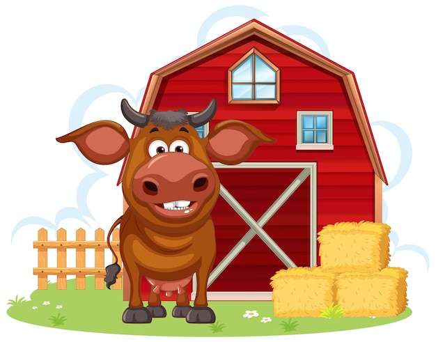 Free vector cow with barn in cartoon style