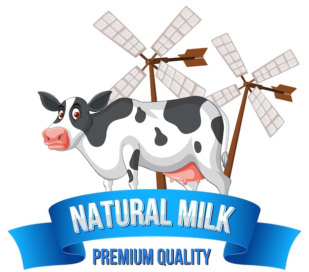 Una mucca con un'etichetta di latte naturale