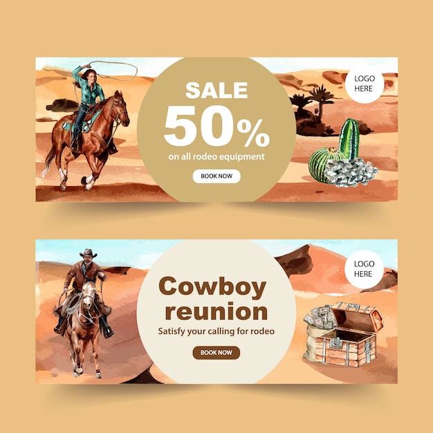 Banner da cowboy con cavallo, cactus, petto, soldi