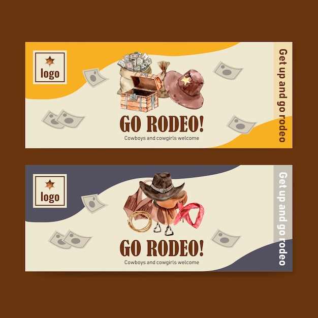 Free vector cowboy banner with vest, saddle, chest, money, headband