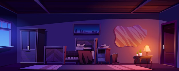 Free vector cowboy bedroom in rustic house at night