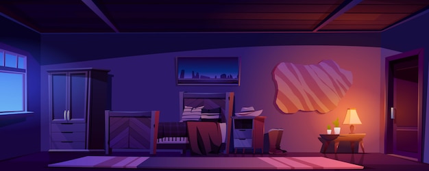 夜の素朴な家のカウボーイの寝室