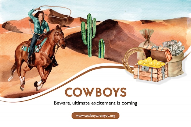 Free vector cowboy frame with woman, horse, cactus, chest