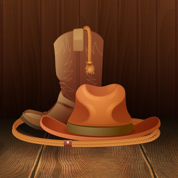 Cowboy hat boots and lasso on wooden background