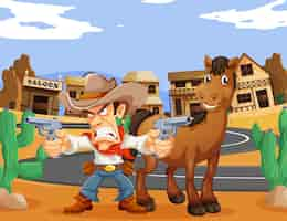 Free vector cowboy and horse in wild west town