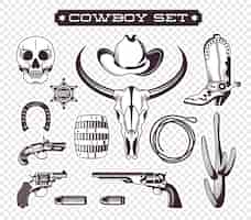 Free vector cowboy icon set with black color isolated western symbols on transparent background vector illustration