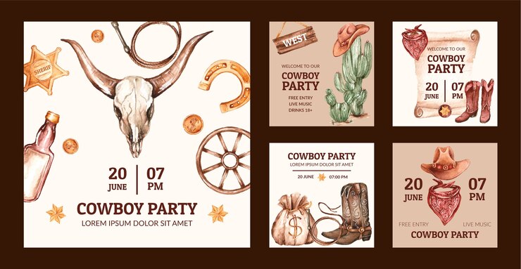 Free Vector cowboy party event instagram posts collection