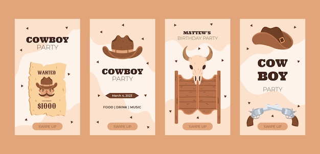 Free vector cowboy party event instagram stories collection