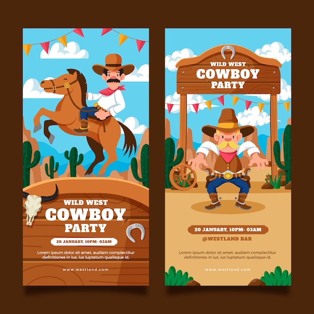 Vettore gratuito set di banner verticali per eventi da festa da cowboy