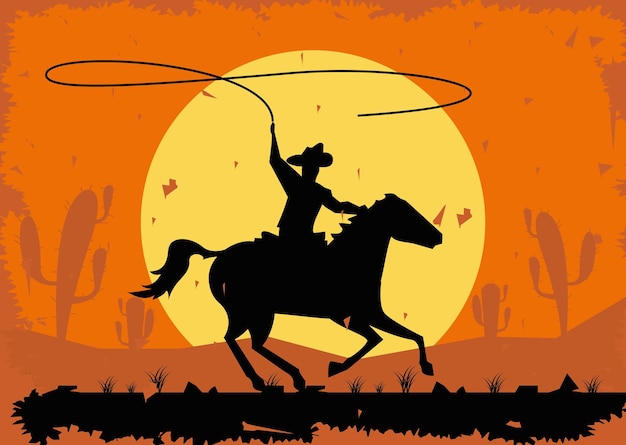 Free vector cowboy running in horse landscape scene