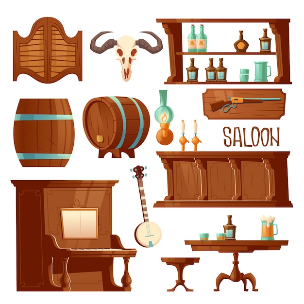 Free vector cowboy saloon, western retro bar furniture set