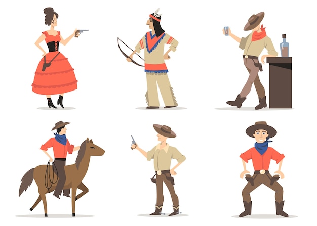 Cowboy stories characters set. traditional wild west residents, red indians, rodeo guy with lasso riding horse, sheriff drinking whiskey in saloon. for american culture, tradition, history