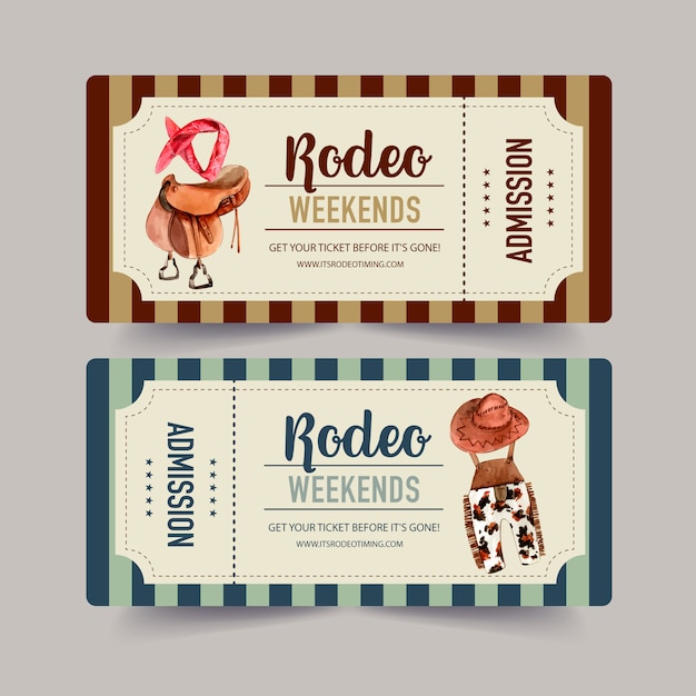 Free vector cowboy ticket with saddle, headband, dungarees, hat