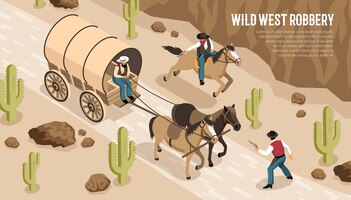 Free vector cowboys in wagon and on horseback during wild west robbery at prairie isometric horizontal