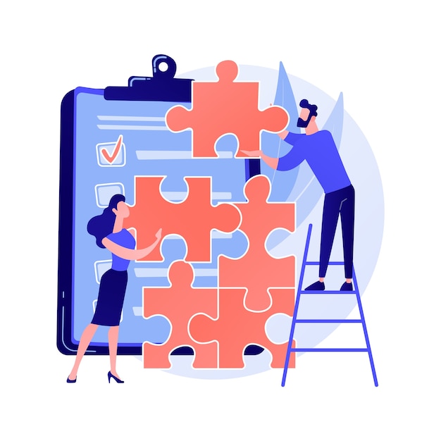 Coworkers project management. team building, executive managers teamwork, colleagues collaboration. employees characters assembling jigsaw puzzle concept illustration