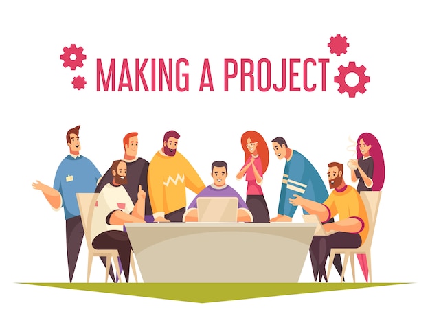 Бесплатное векторное изображение Идея проекта коворкинг с группой людей, работающих в команде и делающих общую иллюстрацию проекта