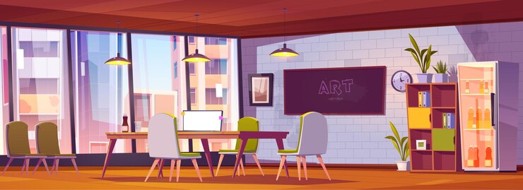 Free Vector coworking office with table and blackboard