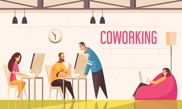 Концепция дизайна coworking люди с группой позитивно настроенных творческих людей, работающих в офисе плоской иллюстрации