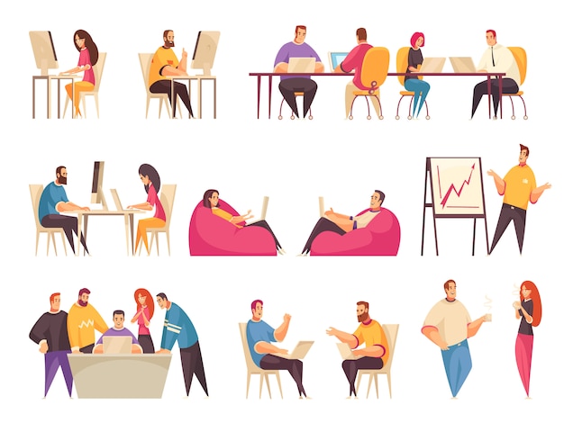 Free vector coworking people set with teams of creative employees working together at big desk or discussing business problems isolated  illustration
