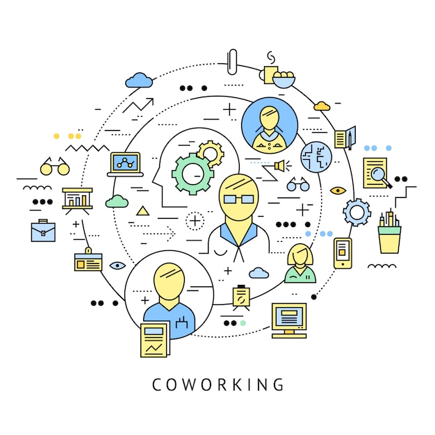 Coworking round composition with isolated line icon set combined in big circle vector illustration