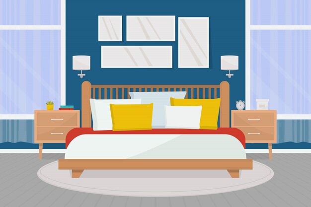 Bedroom Interior At Night With Moonlight Cartoon Vector