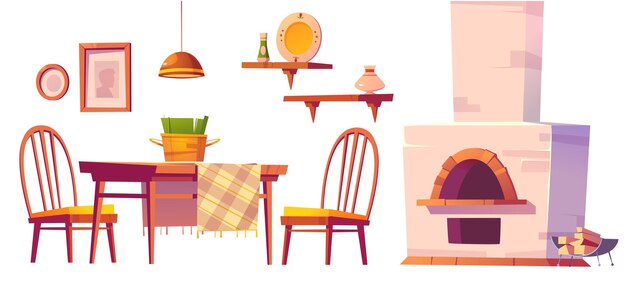 Уютный интерьер кафе или пиццерии с духовкой, деревянным столом и стульями, полками и лампой.