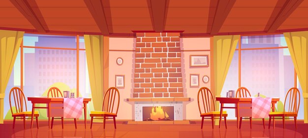 Cozy cafe or restaurant with fireplace and windows with city view