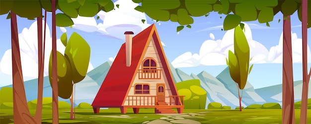 Free vector cozy chalet in summer mountain valley