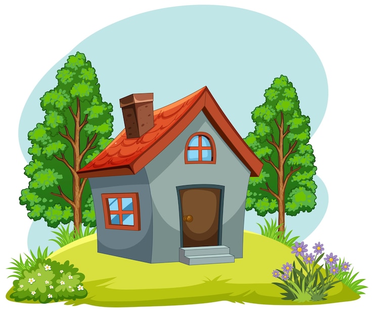 Free Vector cozy cottage in a lush green setting