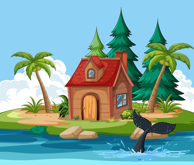 Free vector cozy cottage on a tropical island