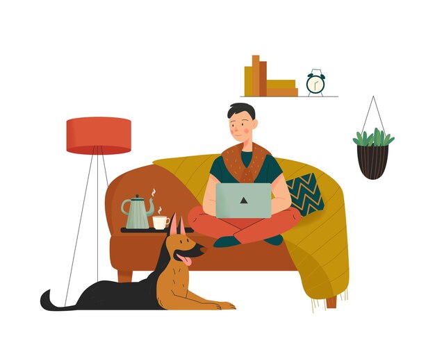 내부 요소 삽화가 있는 노트북과 강아지와 함께 소파에 앉아 있는 남자와 함께 아늑한 집 구성