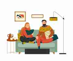 Free vector cozy home composition with home interior with pillows and couple relaxing on sofa of vector illustration