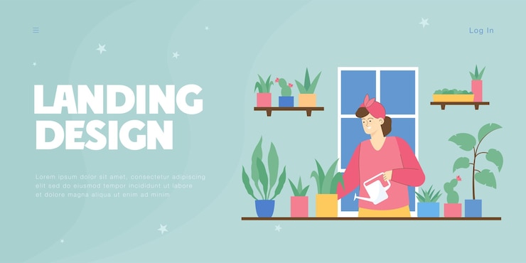 無料Vector 緑の観葉植物に水をまく女性と居心地の良いインテリア