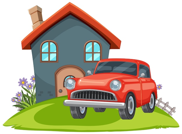 Cozy home with red car illustration