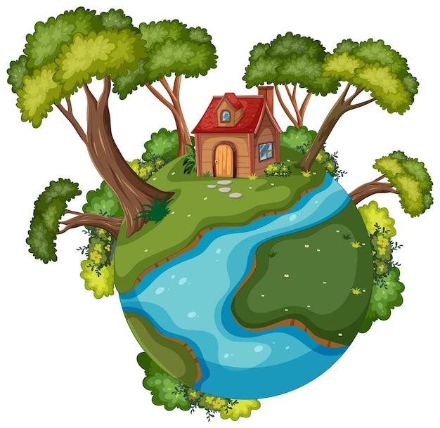 Free vector cozy house on a miniature earth