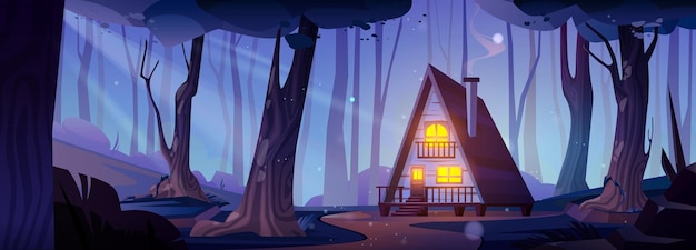 無料ベクター 夜の森の漫画イラストの居心地の良い小屋