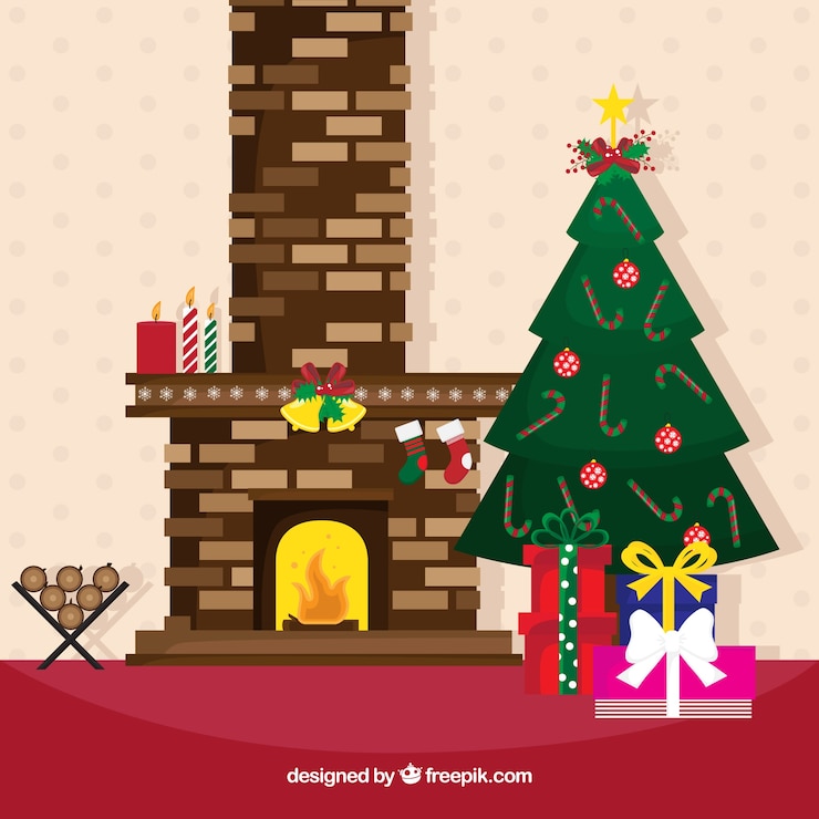 Free Vector cozy interior of christmas house with fireplace