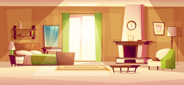 Free vector cozy modern bedroom, living room with double bed, fireplace, armchair.