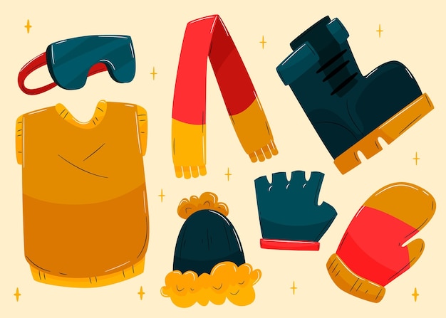 Бесплатное векторное изображение Уютная зимняя одежда и набор предметов первой необходимости