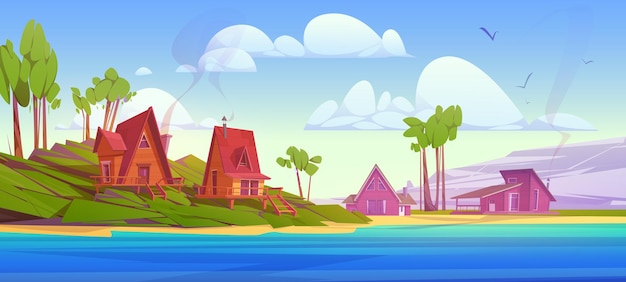 Free vector cozy wooden houses near mountain lake