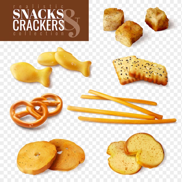 Crackers and snacks of different shapes on transparent background isolated icons set realistic  illustration