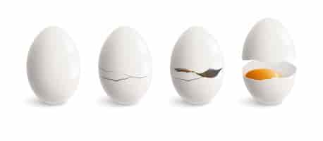 Vettore gratuito uovo bianco stabilito dell'icona realistica incrinata dell'uovo e quattro punti dell'illustrazione scoppiettante di vettore