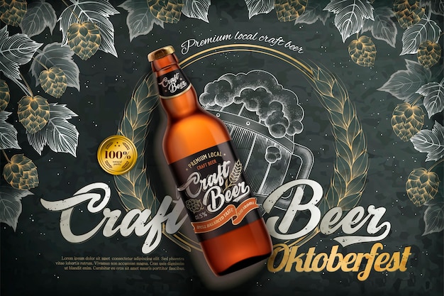 Craft beer ads, realistic  beer bottle with label on engraving style blackboard background, hops and wheat elements