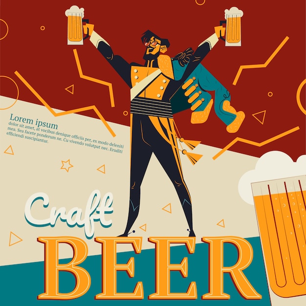 Vettore gratuito mestieri l'illustrazione della birra di retro manifesto della pubblicità per la barra o il pub con conce rivoluzionario