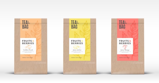 Craft paper bag with fruit and berries tea labels set. abstract  packaging design layout with realistic shadows.