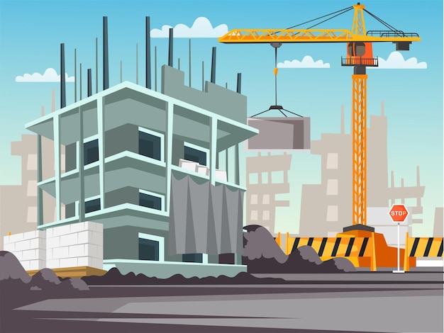 Бесплатное векторное изображение Кран перемещает тяжелый объект процесс строительства небоскреба создание жилой структуры в центре города домостроение